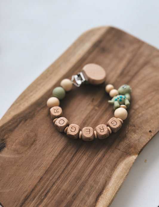 Schnullerkette mit Namen personalisierbar | Dinosaurier | Grün