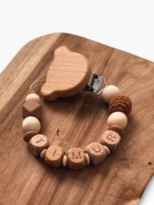 Geschenkset - Kinderwagenkette, Greifring & Schnullerkette | Teddybär | aus Holzperlen | gehäkelt | braun | mit Namen personalisierbar