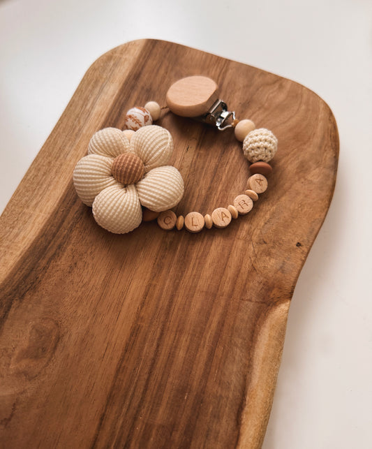 Schnullerkette aus Holz mit Stoffblume | Blume | beige
