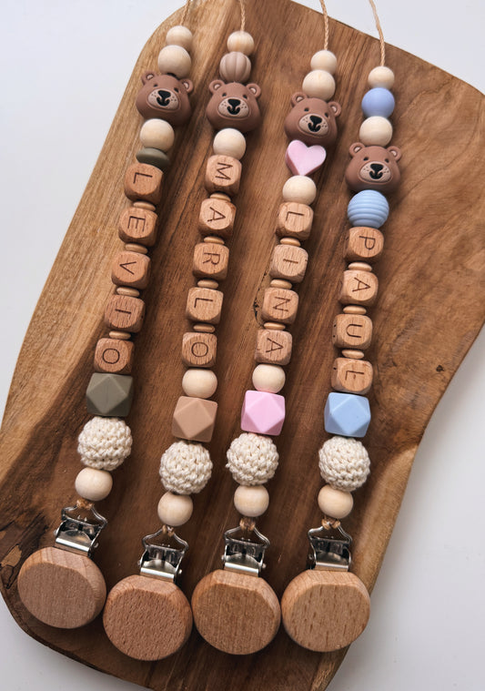 Schnullerkette Bär | mit Namen personalisierbar | Rosa / blau / beige / Taupe