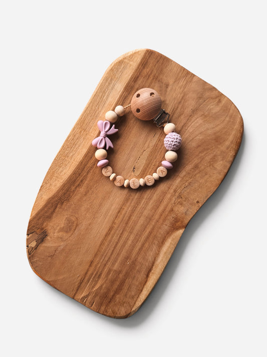 Schnullerkette Schleife mit Namen personalisierbar | Flieder/Lila