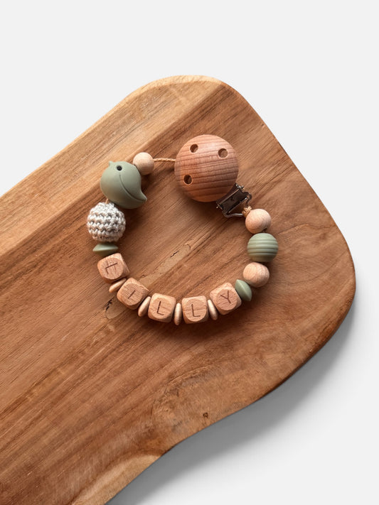 Schnullerkette Vogel mit Namen personalisierbar | Buchenholz | Grün & beige