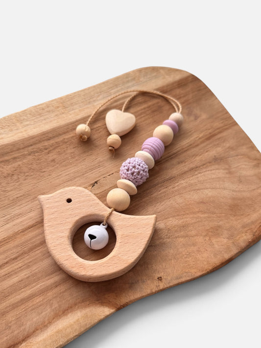 Anhänger für Spielbogen / Babyschale | Vogel | Lila / Apricot / Hellblau