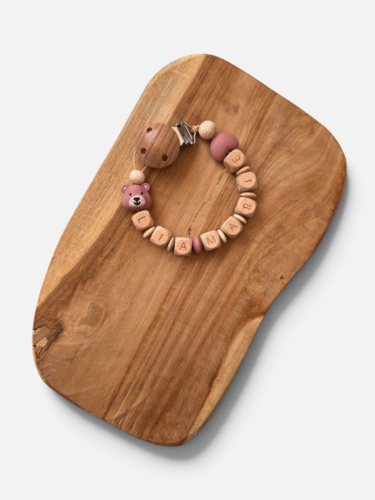 Schnullerkette Bär Rosé mit Namen personalisierbar