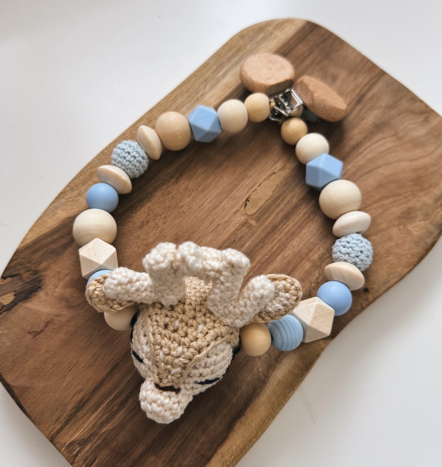 Gift Set - Stroller Chain with Customizable Name & Grasping Toy Made of Wood and Silicone Beads | Crocheted | Blue | Reindeer |