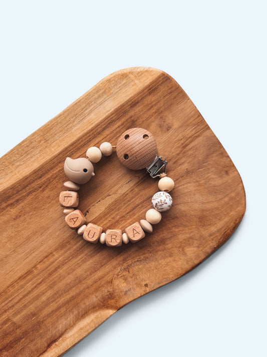Schnullerkette Vogel mit Namen personalisierbar | Grün & beige