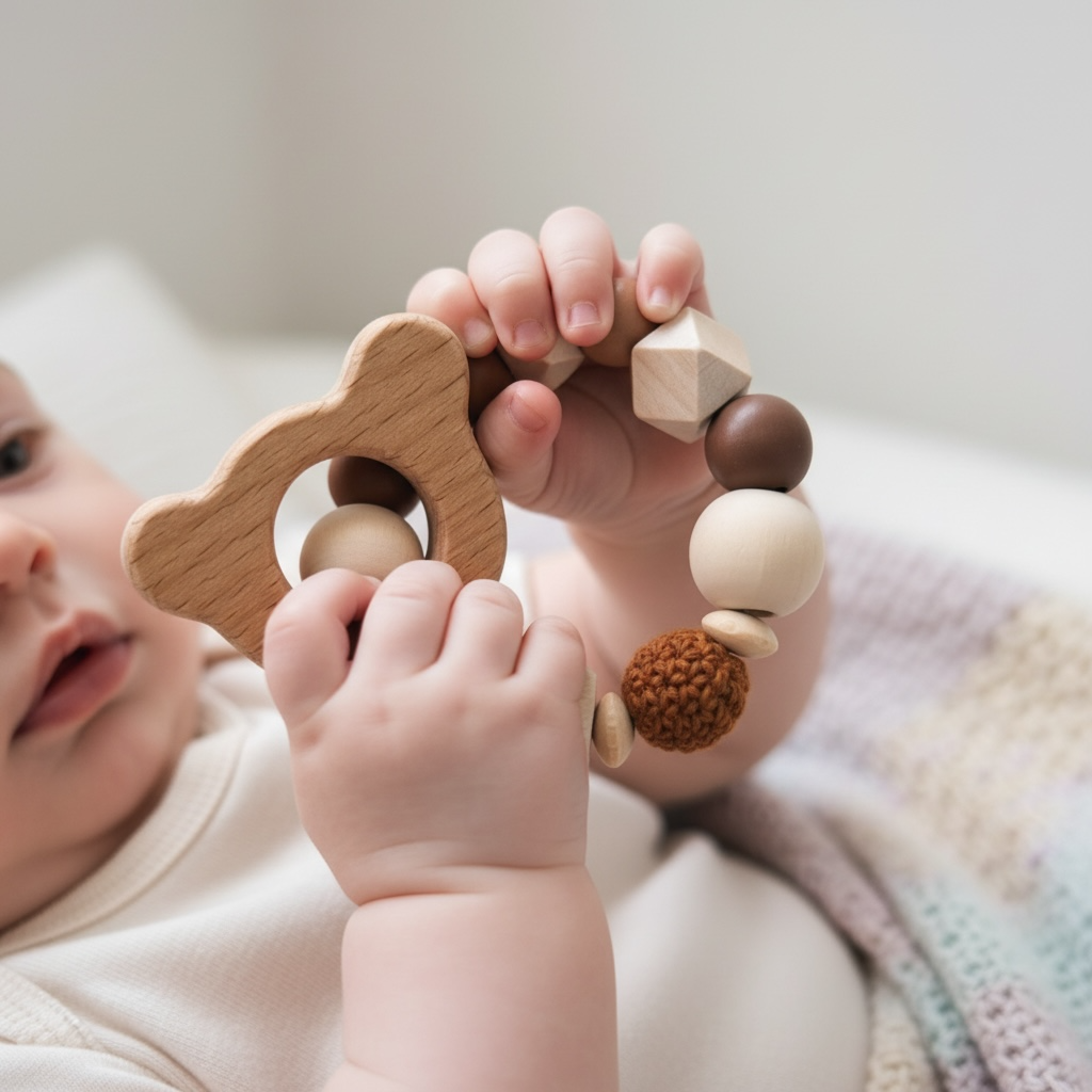 Bärenstark - Kinderwagenkette, Greifring & Schnullerkette | Teddybär | aus Holzperlen | gehäkelt | braun | mit Namen personalisierbar