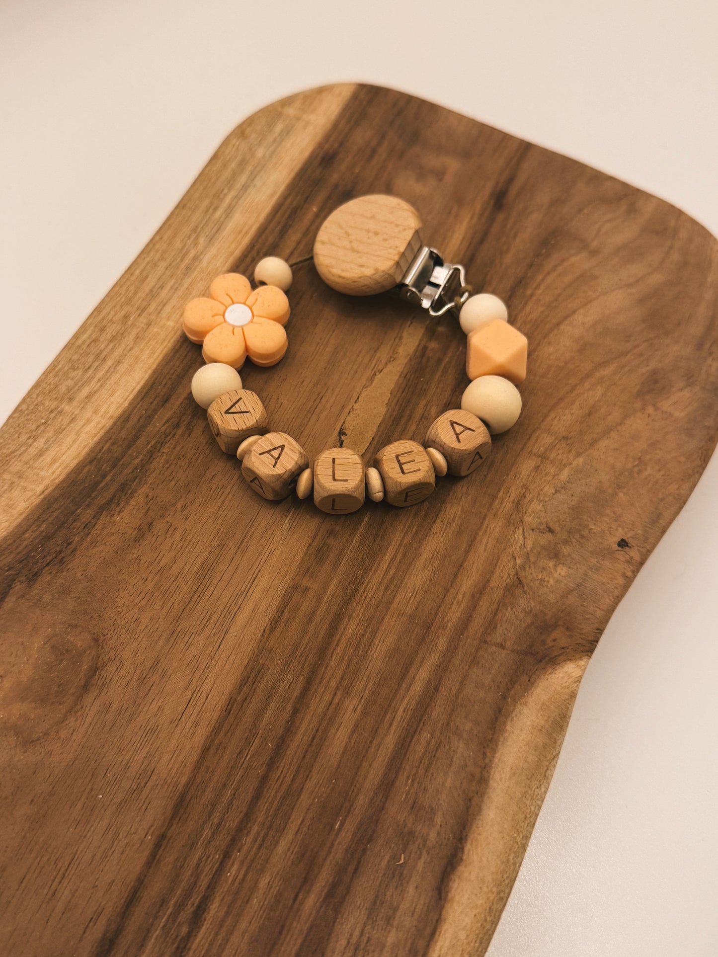 Pacifier chain | Flower Apricot or Lind | Made of wood and silicone beads, customizable with name