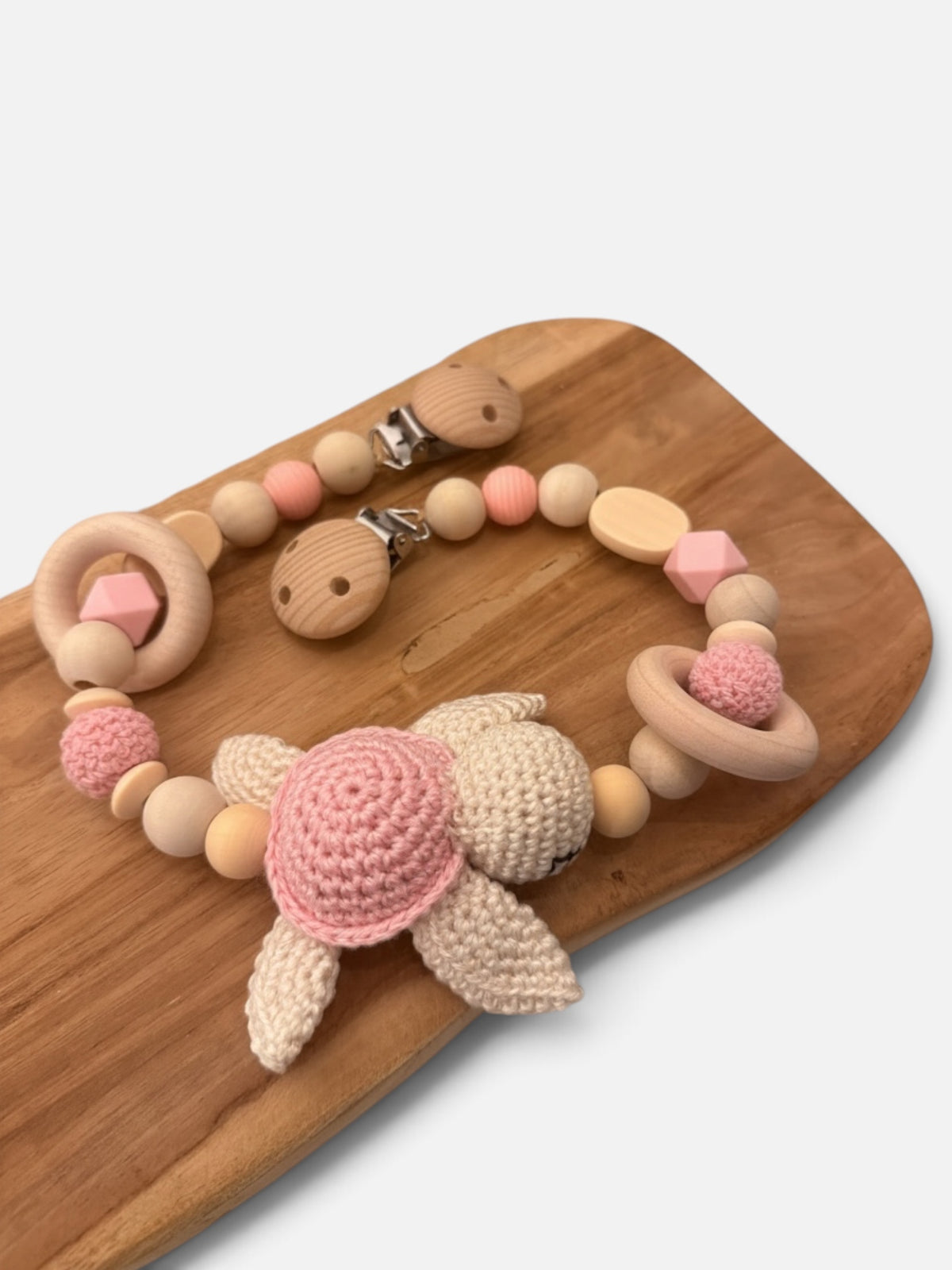 Kinderwagenkette | Schildkröte | aus Holzperlen | gehäkelt | rosa