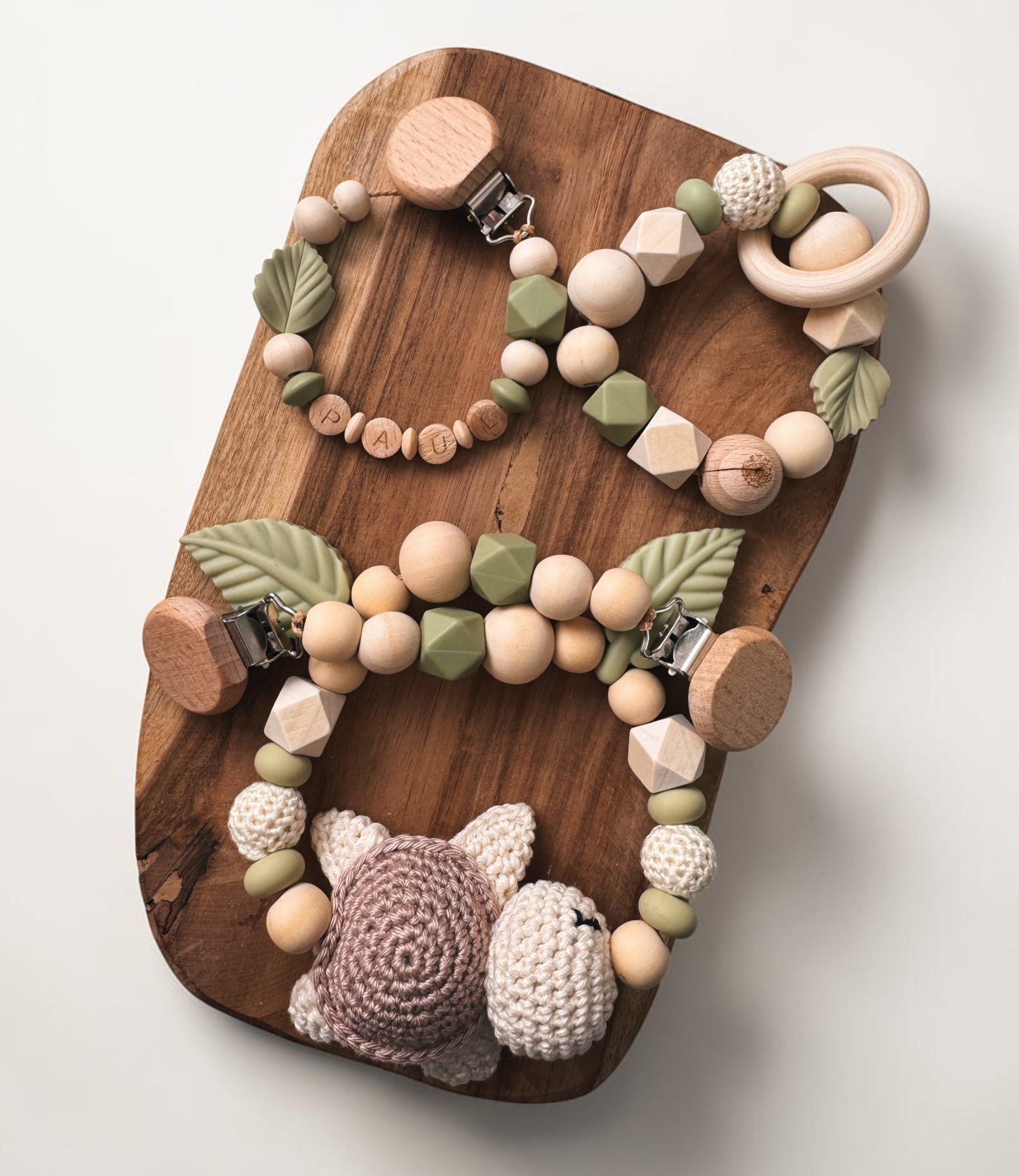 Geschenkset zur Geburt Schildkröte Schnullerkette Kinderwagenkette greifring greifling Blatt Lind grün holzperlen Silikonperlen Silikonring mit Namen personalisierbar 