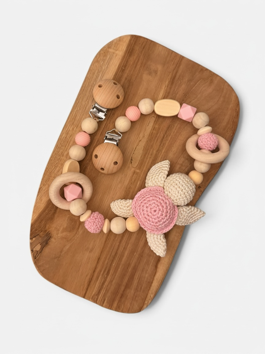 Kinderwagenkette | Schildkröte | aus Holzperlen | gehäkelt | rosa