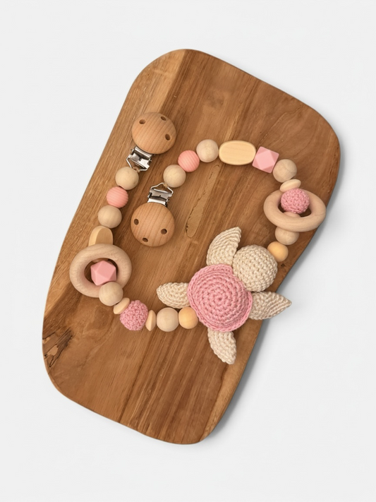 Kinderwagenkette | Schildkröte | aus Holzperlen | gehäkelt | rosa