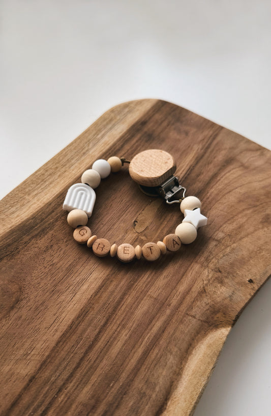 Schnullerkette mit Namen personalisierbar | Regenbogen | Stern | weiß