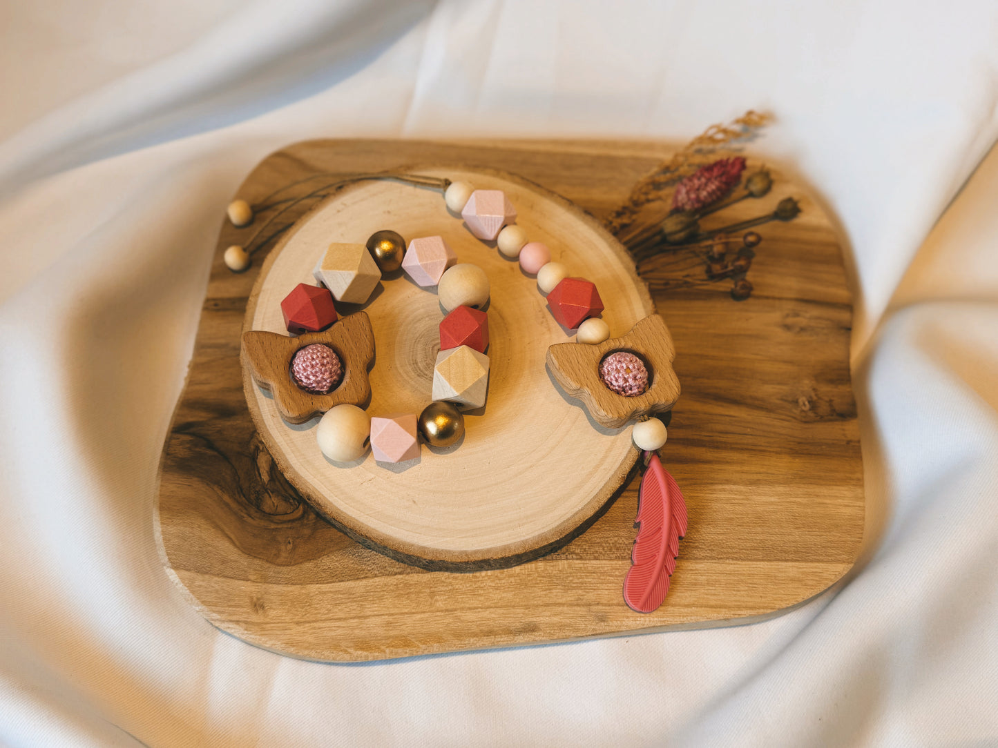 Greifring und Anhänger für Babyschale / Spielbogen | aus Holz | Schmetterling | Glocke | Feder