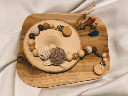 Kinderwagenkette und Greifring | Schildkröte | aus Holzperlen | gehäkelt