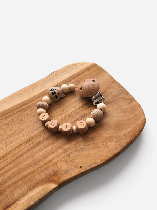 Schnullerkette Katze mit Namen personalisierbar | Beige