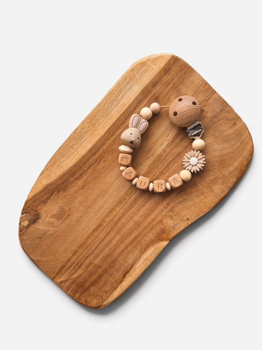 Schnullerkette Hase mit Namen personalisierbar | Beige mit Blume