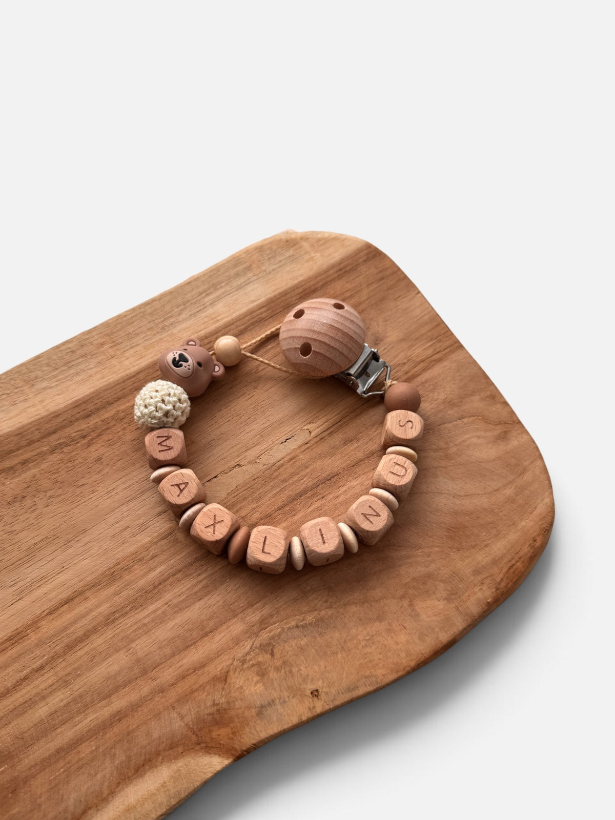Bärenstark |Schnullerkette - mit Namen personalisierbar & Anhänger für Babyschale | Bär | braun