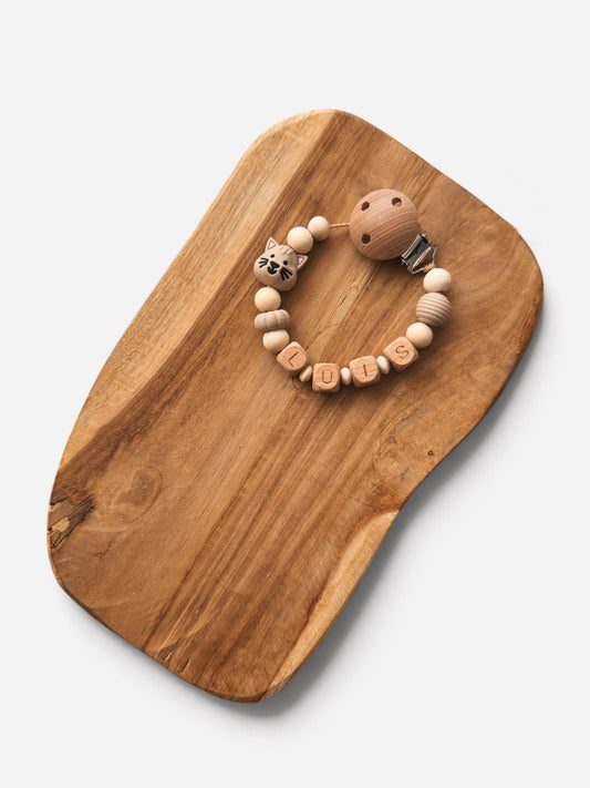 Schnullerkette Katze mit Namen personalisierbar | Beige