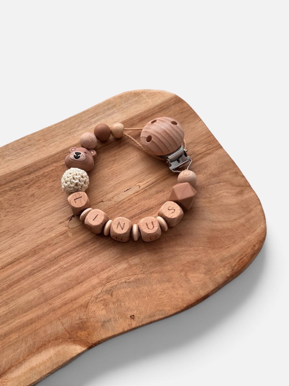 Bärenstark |Schnullerkette - mit Namen personalisierbar & Anhänger für Babyschale | Bär | braun