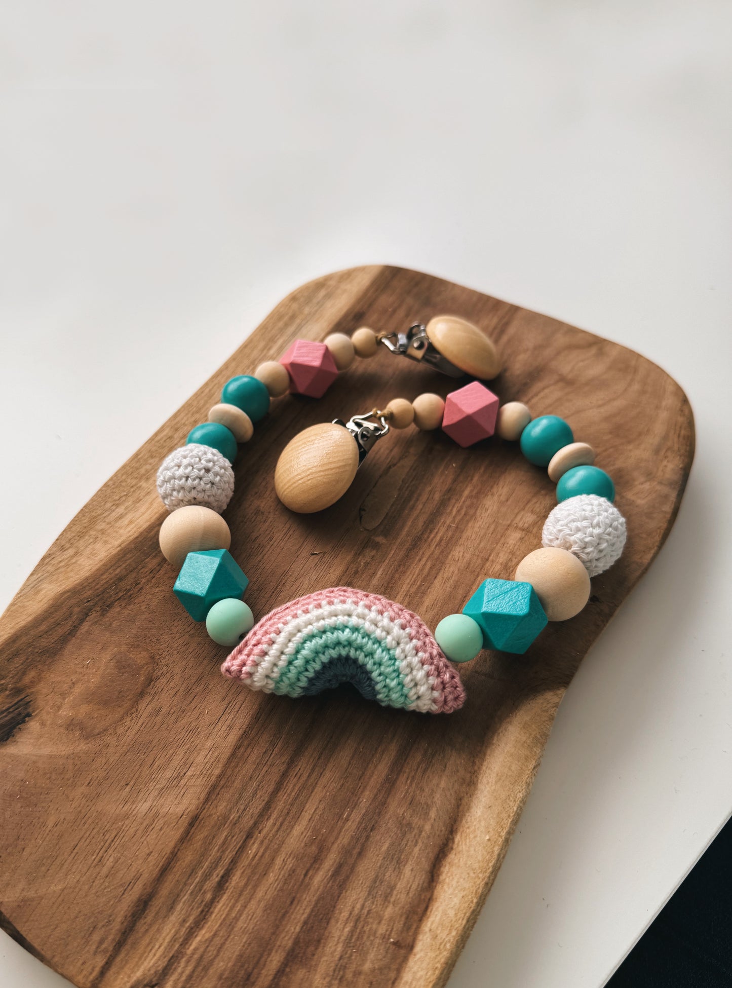 Pram Chain | Rainbow Crocheted with Wooden Beads