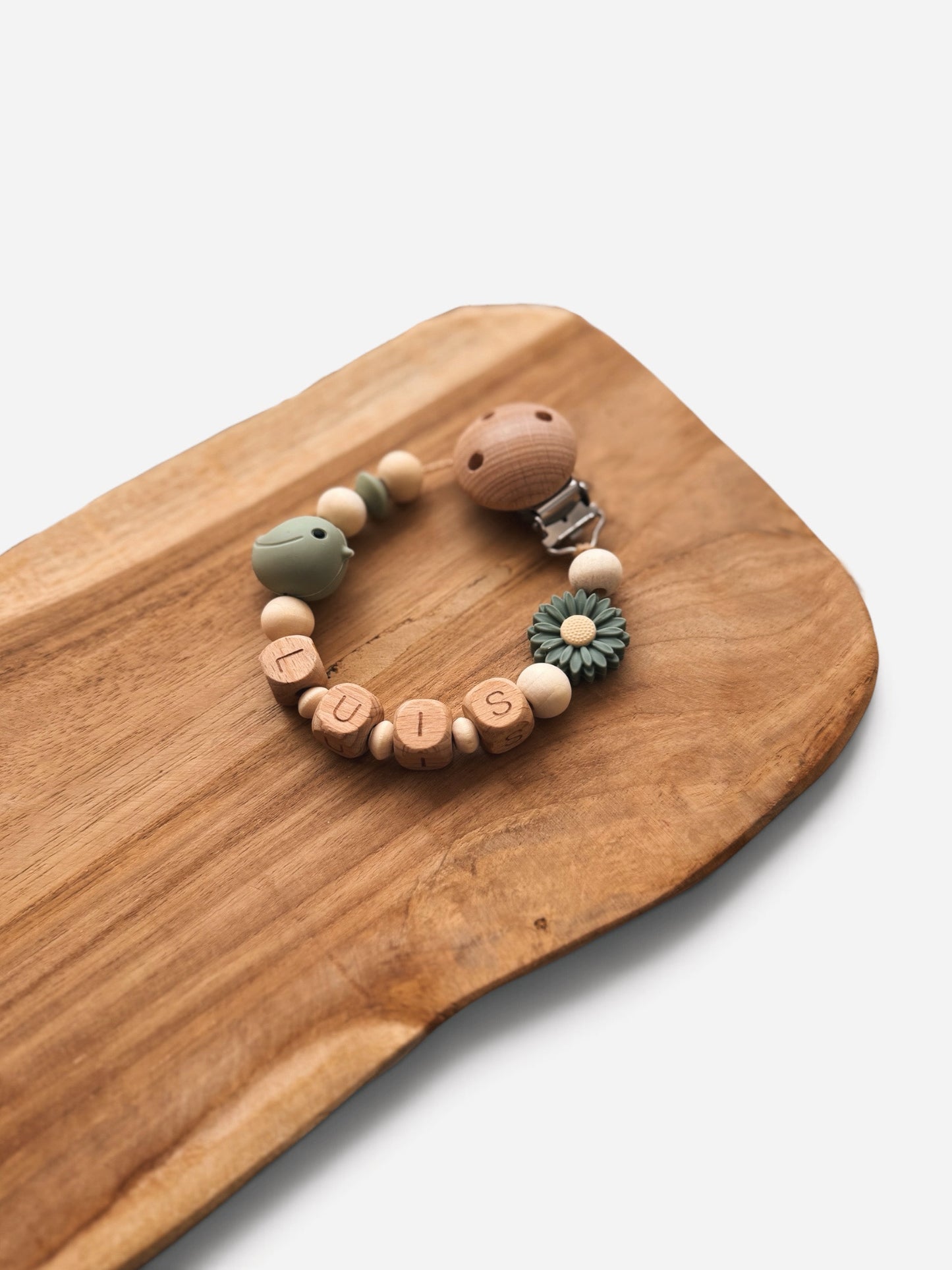 Schnullerkette Vogel mit Namen personalisierbar | Grün & beige