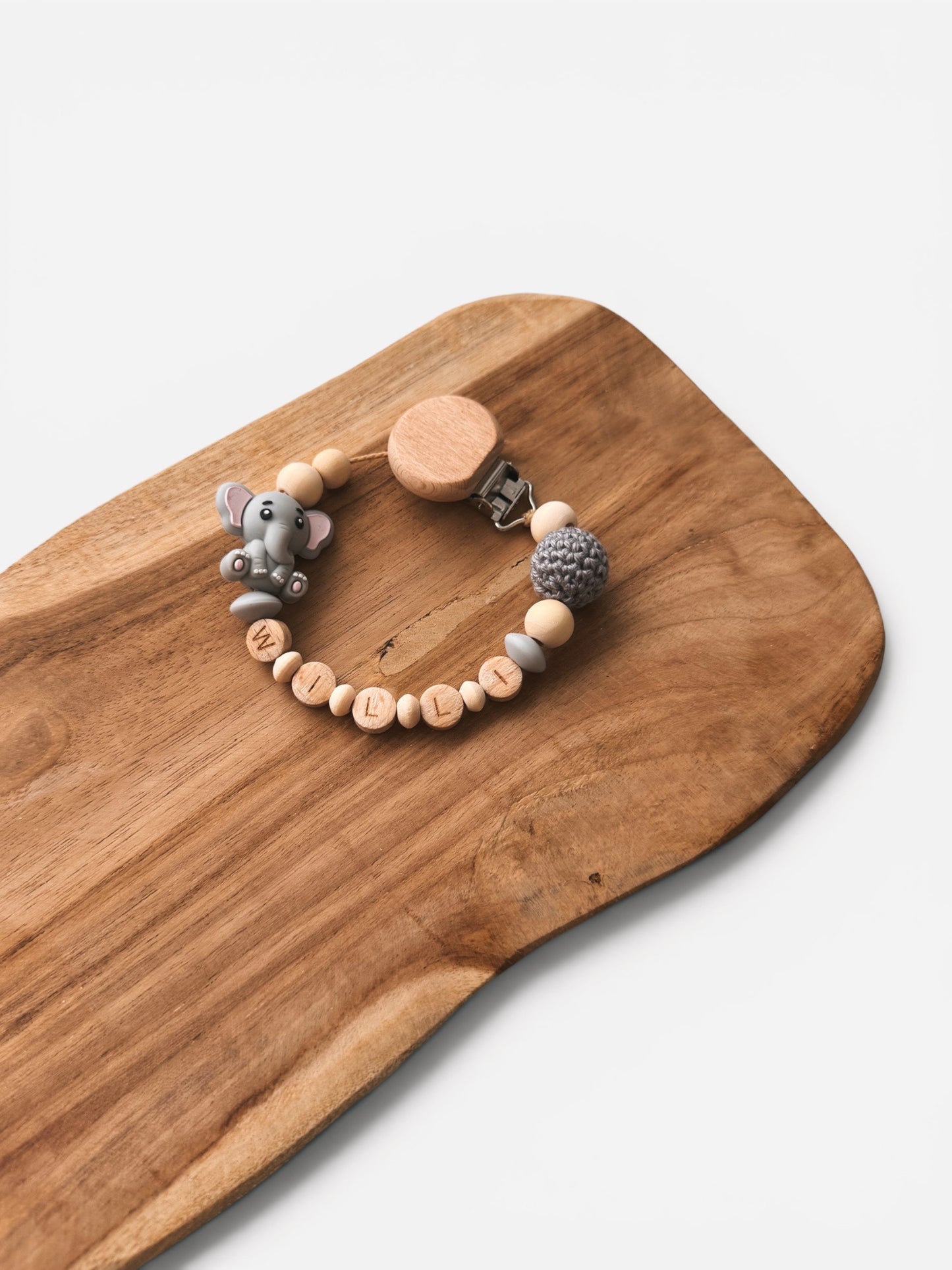 Schnullerkette mit Namen personalisierbar | Elefant | grau