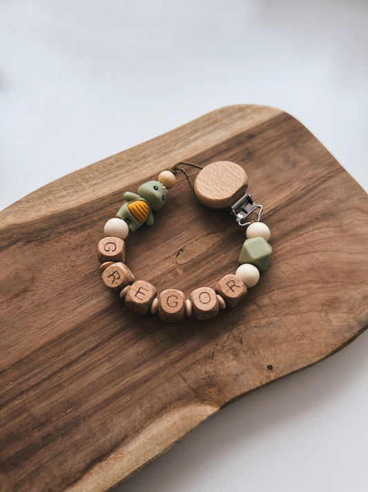 Schnullerkette mit Namen personalisierbar, Schildkröte grün, Geschenk zur Geburt oder Taufe Mädchen Junge, Silikonring , aus Holz und Silikon 