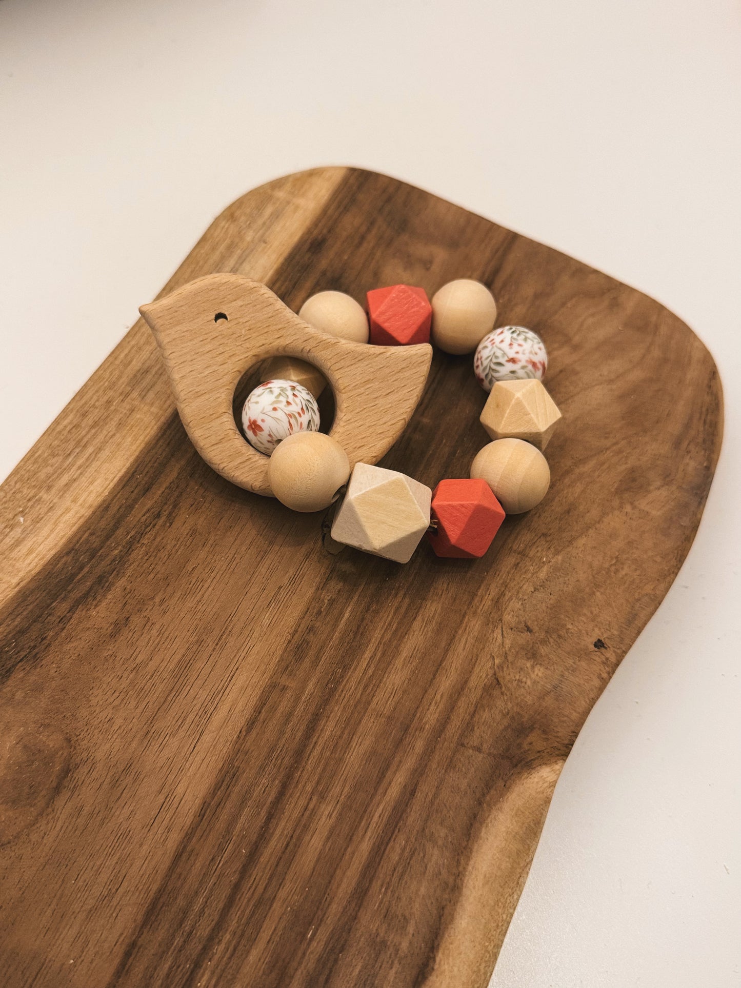 Teething Ring | Rattle with Wooden Animal - Handmade from Wood and Silicone Beads