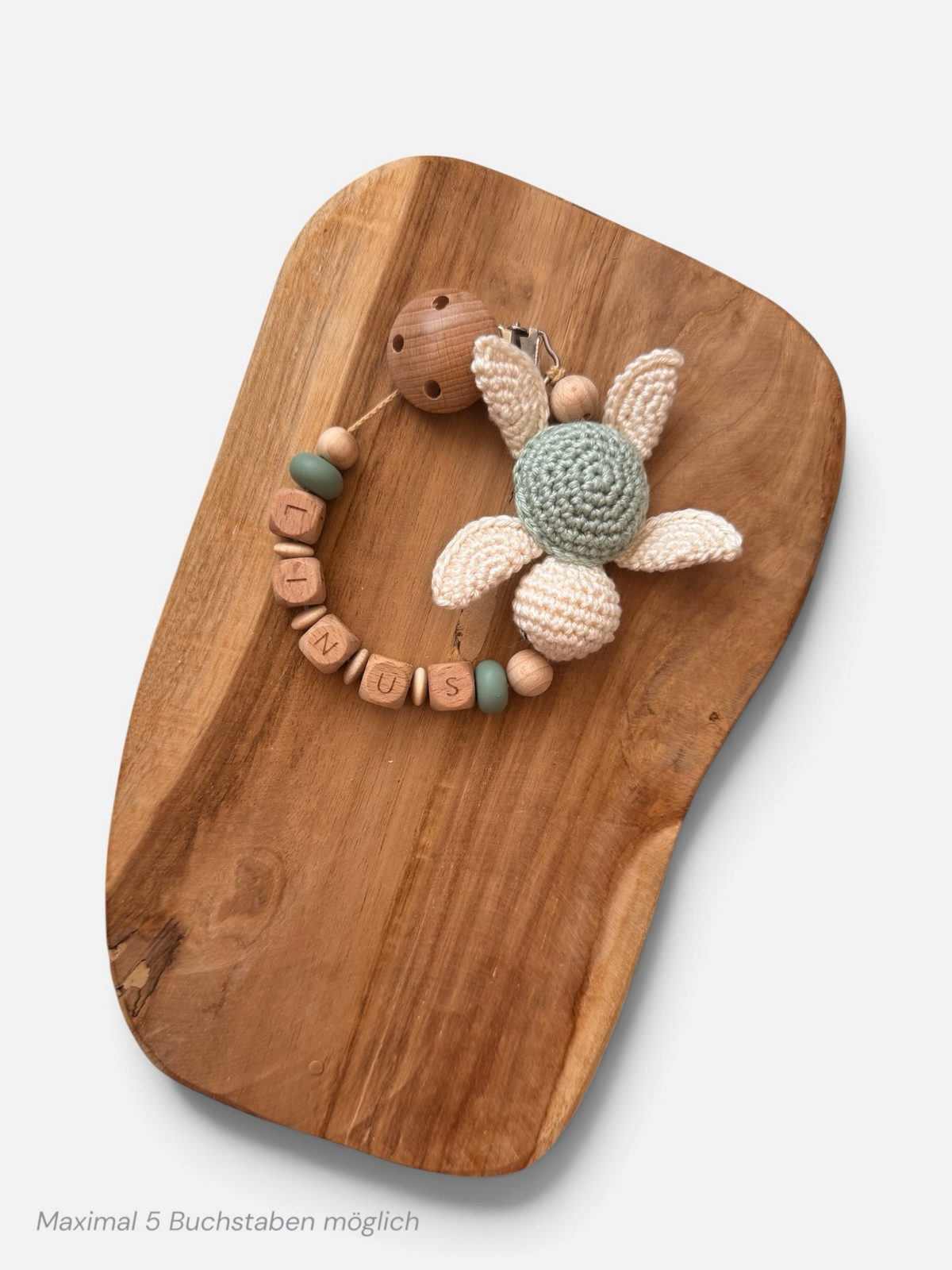 Schildkrötenglück - Kinderwagenkette, Greifring & Schnullerkette | Schildkröte | aus Holzperlen | gehäkelt | Salbei | Blätter | mit Namen personalisierbar