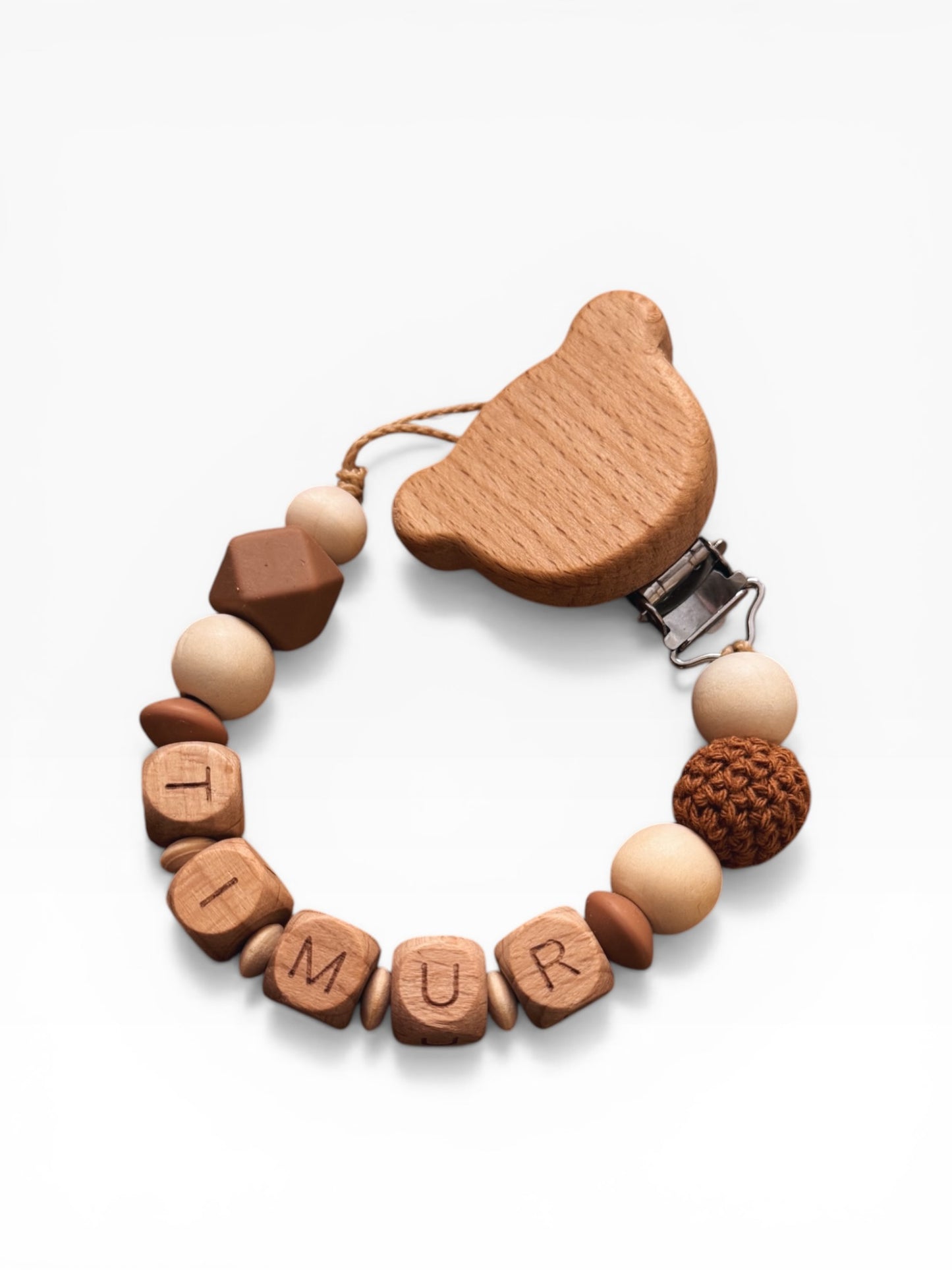 Bärenstark - Kinderwagenkette, Greifring & Schnullerkette | Teddybär | aus Holzperlen | gehäkelt | braun | mit Namen personalisierbar