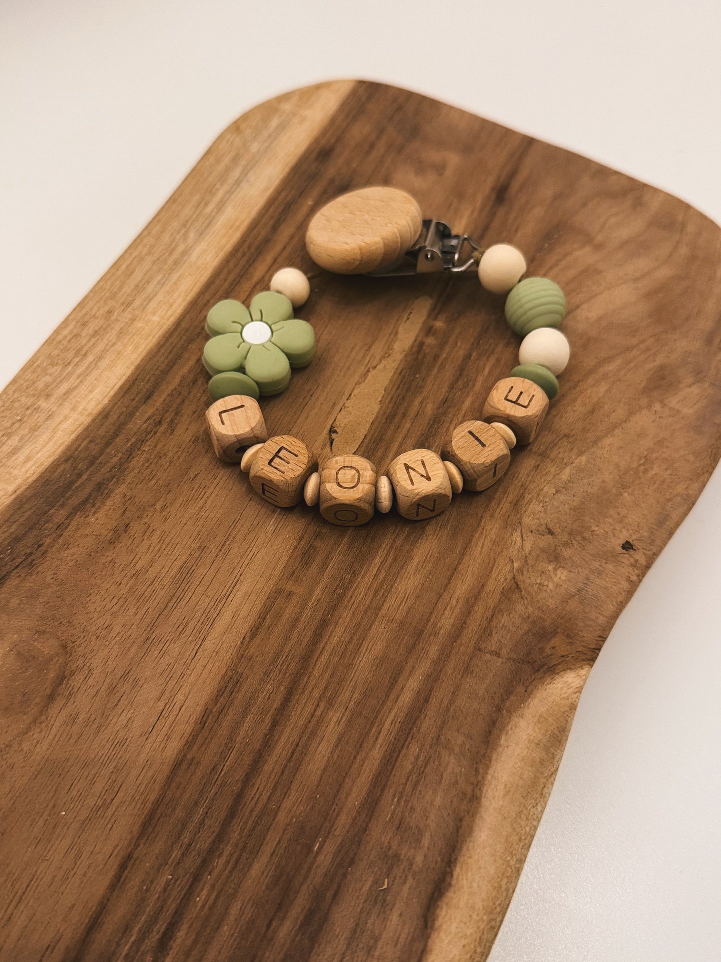 Pacifier chain | Flower Apricot or Lind | Made of wood and silicone beads, customizable with name