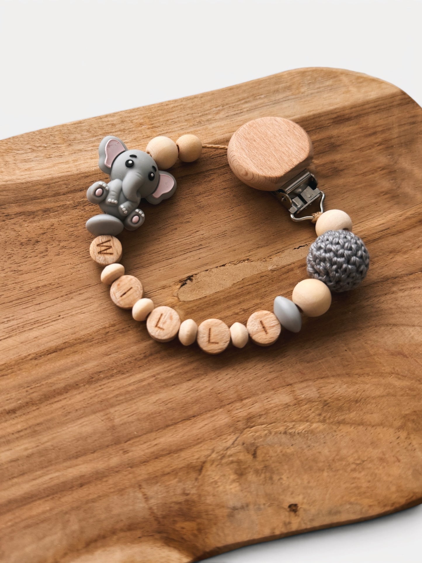 Schnullerkette mit Namen personalisierbar | Elefant | grau