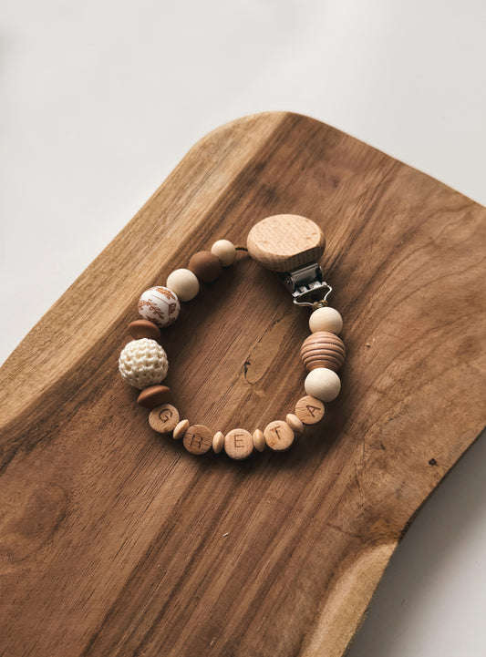 Schnullerkette mit Namen personalisierbar | Blätter & Blumen |braun