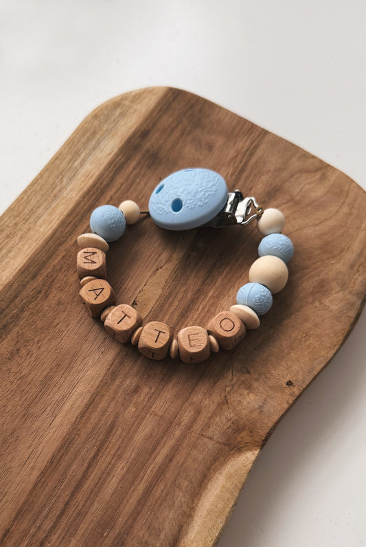 Schnullerkette mit Namen personalisierbar | Blau | Blumen Ornamente