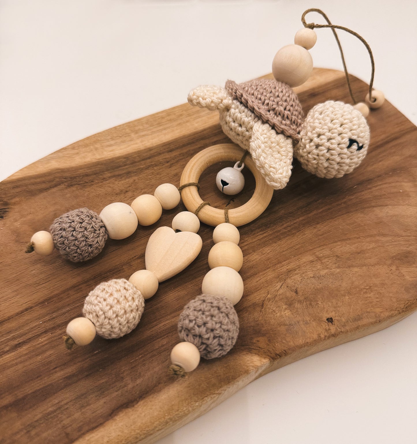 Schildkrötenglück - Kinderwagenkette und Anhänger für Spielbogen/Babyschale | Schildkröte | aus Holzperlen | gehäkelt | beige