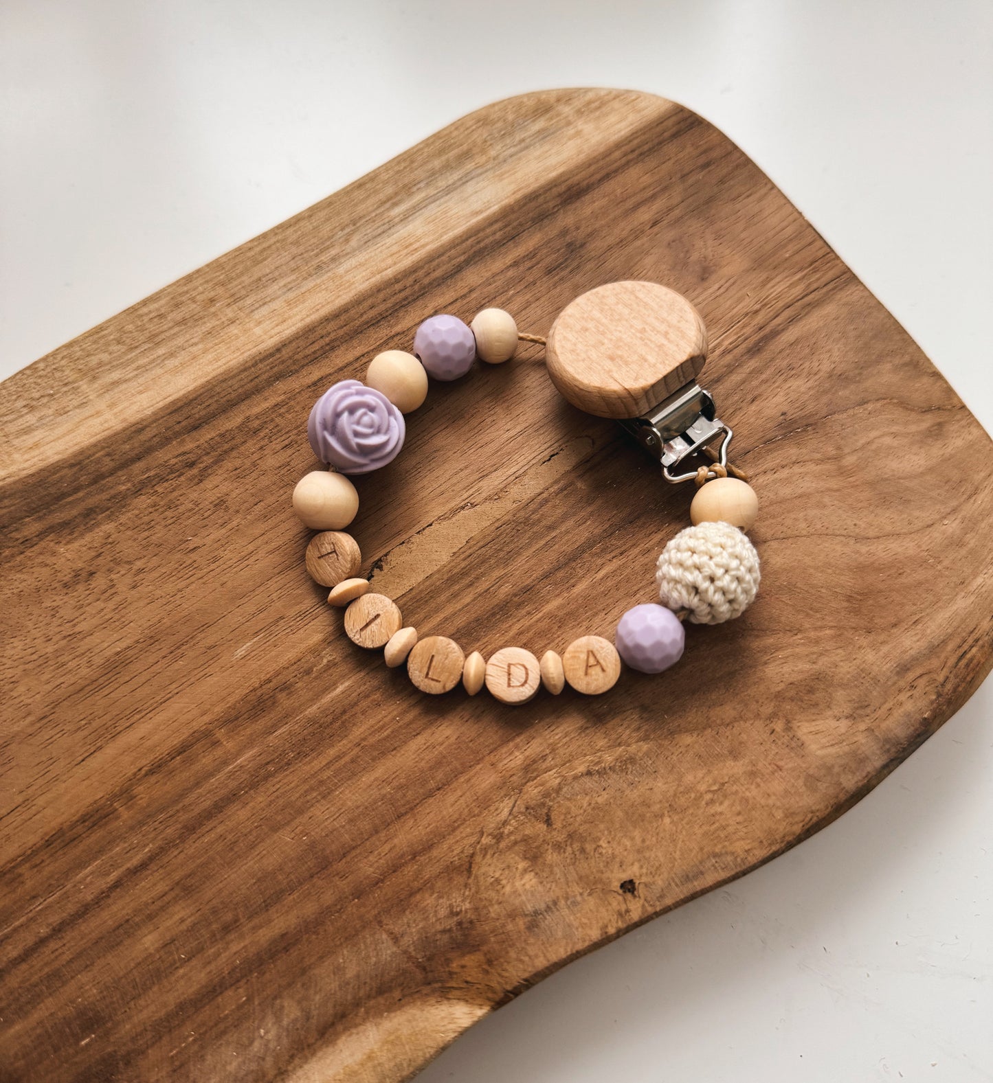 Pacifier chain with name, customizable | Rose | Purple