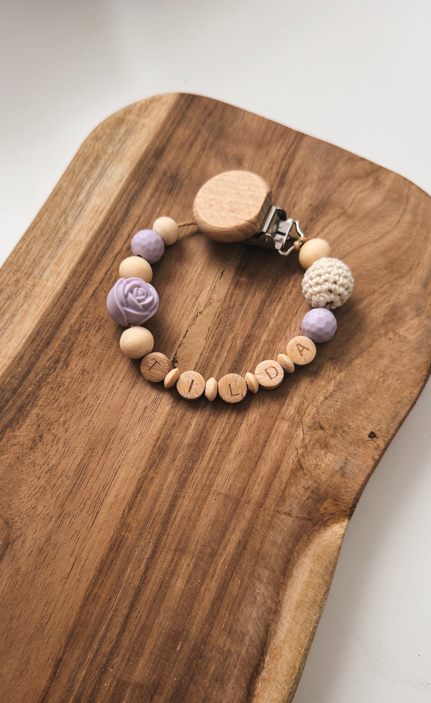 Pacifier chain with name, customizable | Rose | Purple