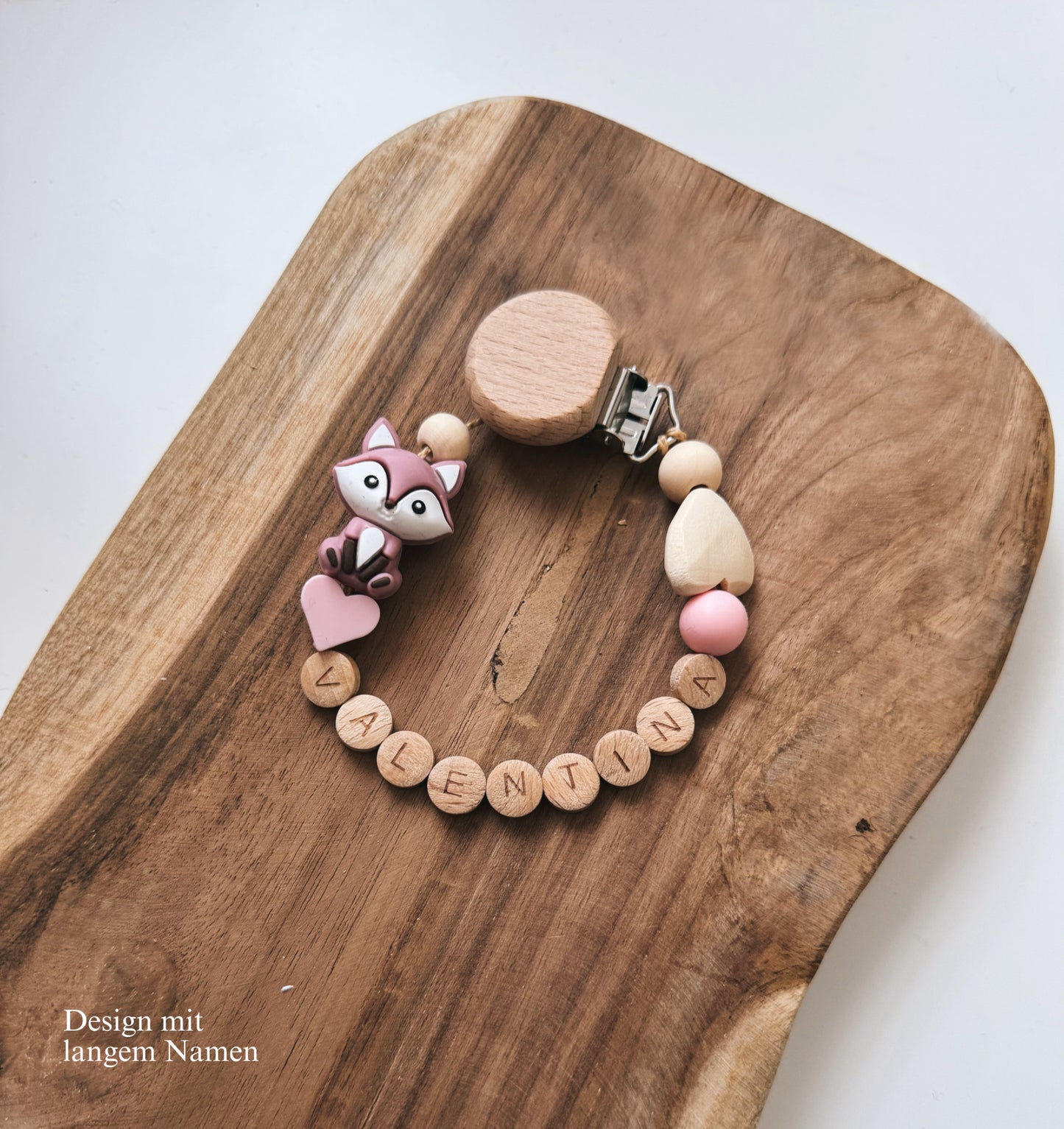 Schnullerkette | Fuchs rosa | aus Holz mit Namen personalisierbar