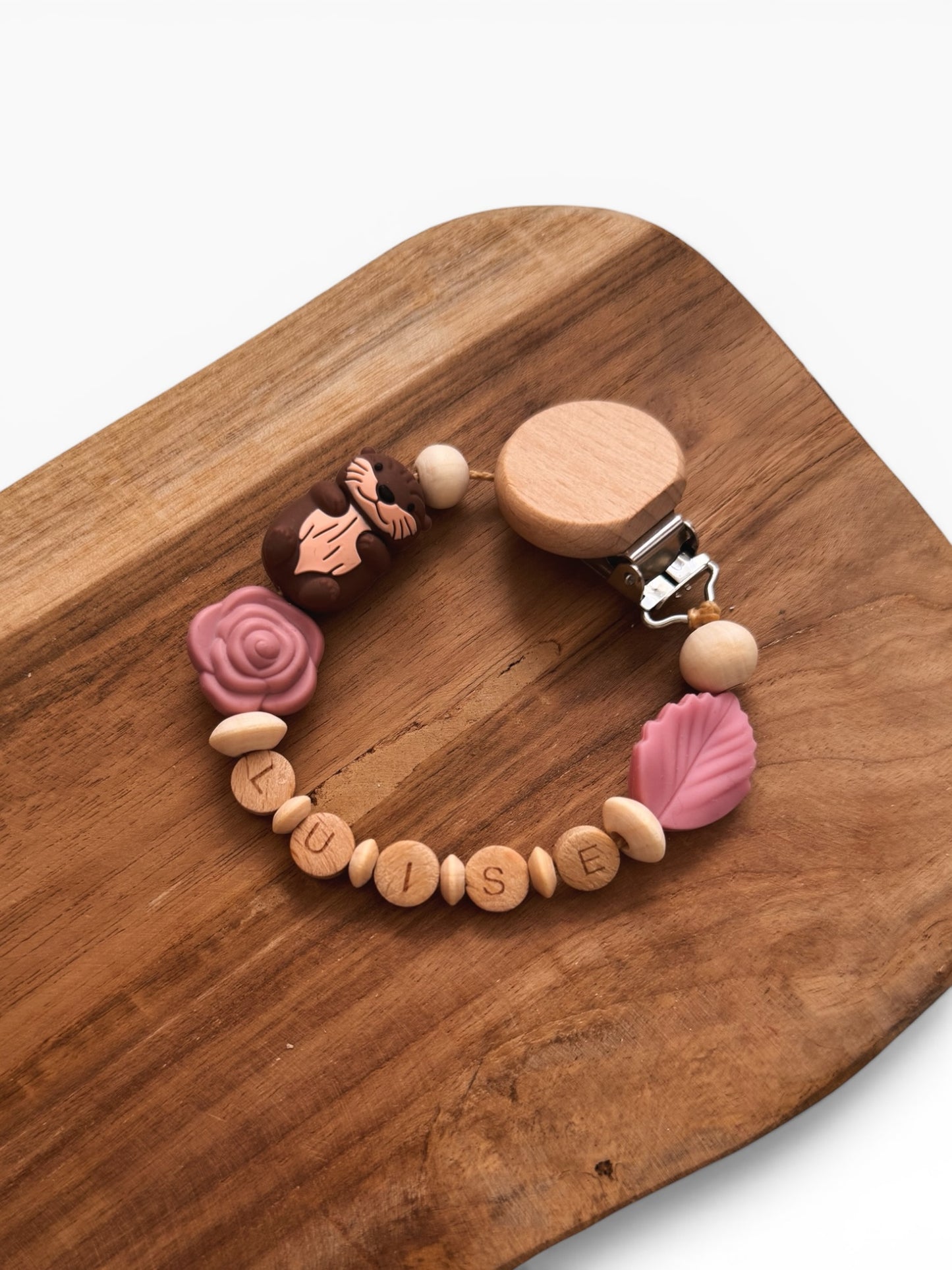 Schnullerkette mit Namen personalisierbar | Otter | Herz | Blume | rosé / Blush