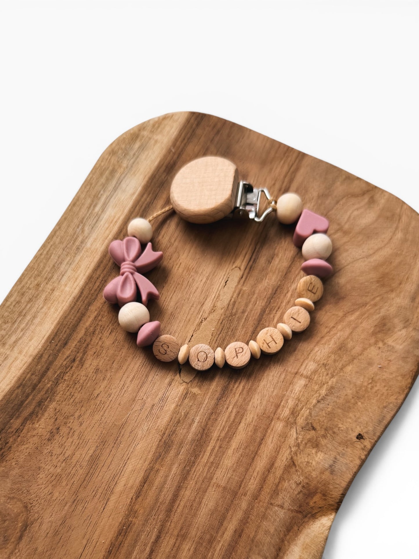 Schnullerkette mit Namen personalisierbar | Schleife & Herz | rosé