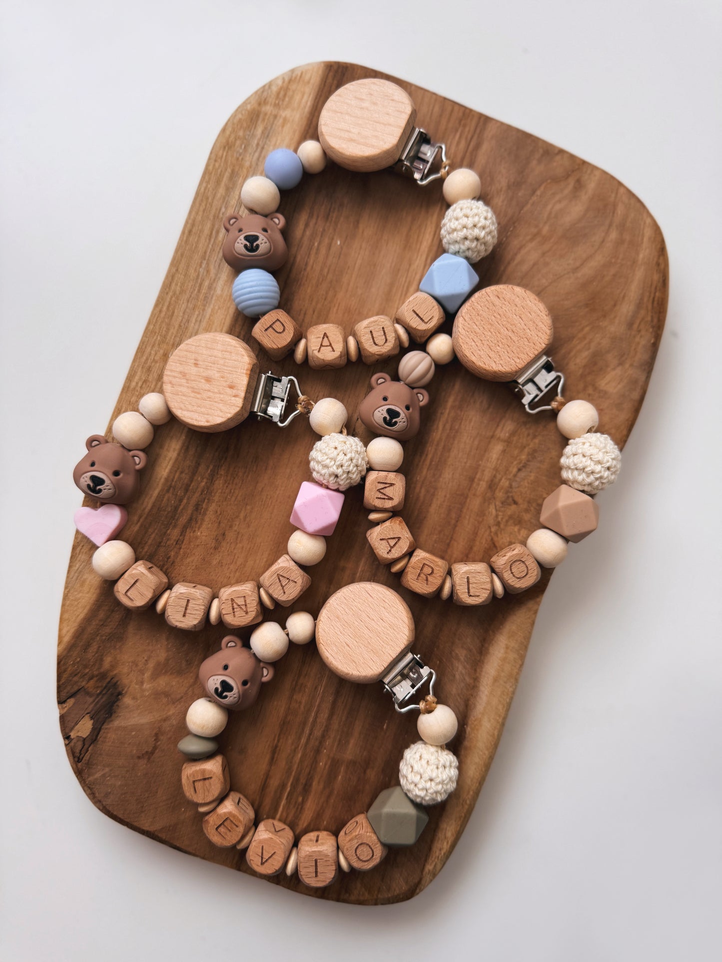 Schnullerkette Bär | mit Namen personalisierbar | Rosa / blau / beige / Taupe