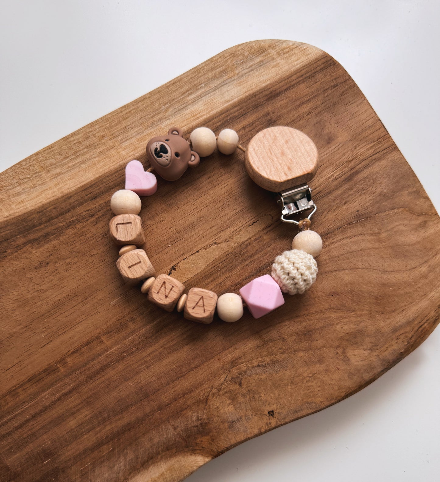 Schnullerkette Bär | mit Namen personalisierbar | Rosa / blau / beige / Taupe