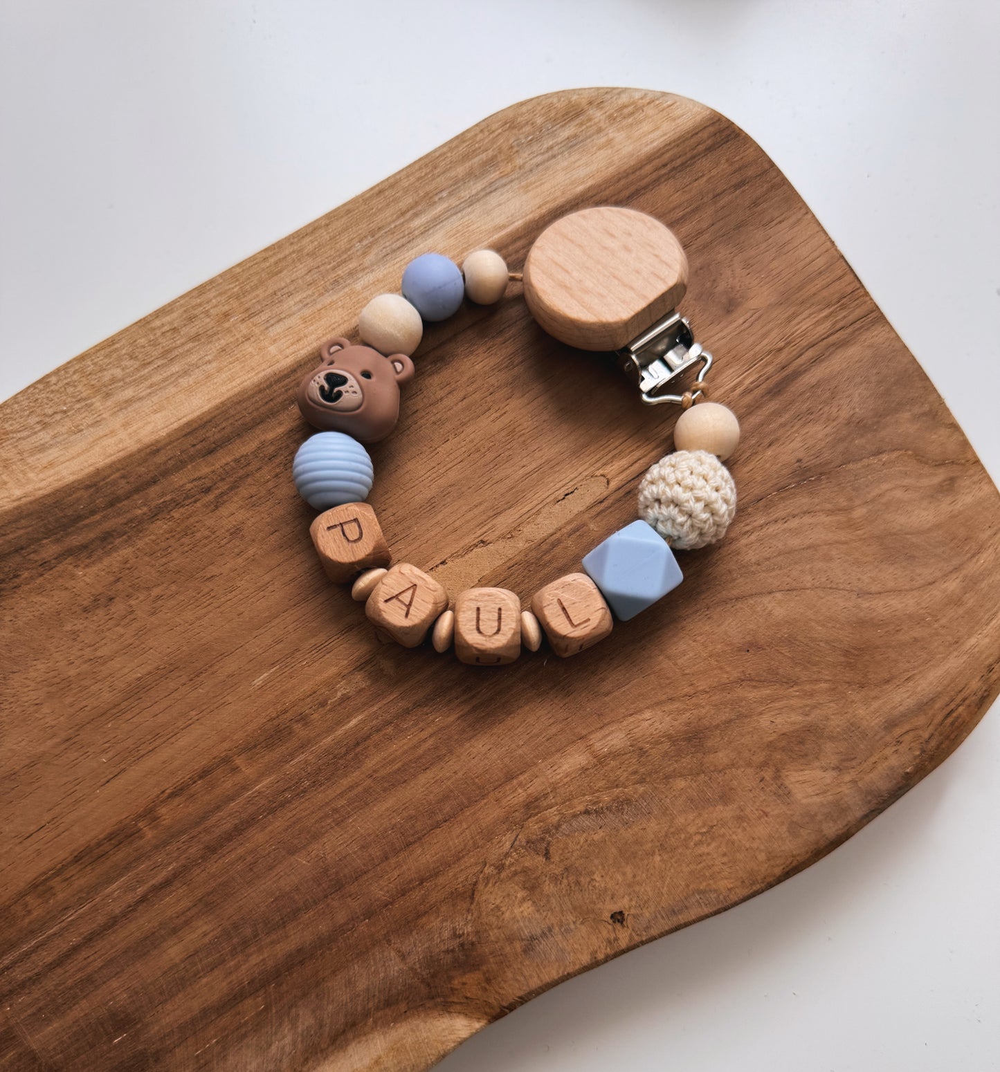 Schnullerkette Bär | mit Namen personalisierbar | Rosa / blau / beige / Taupe
