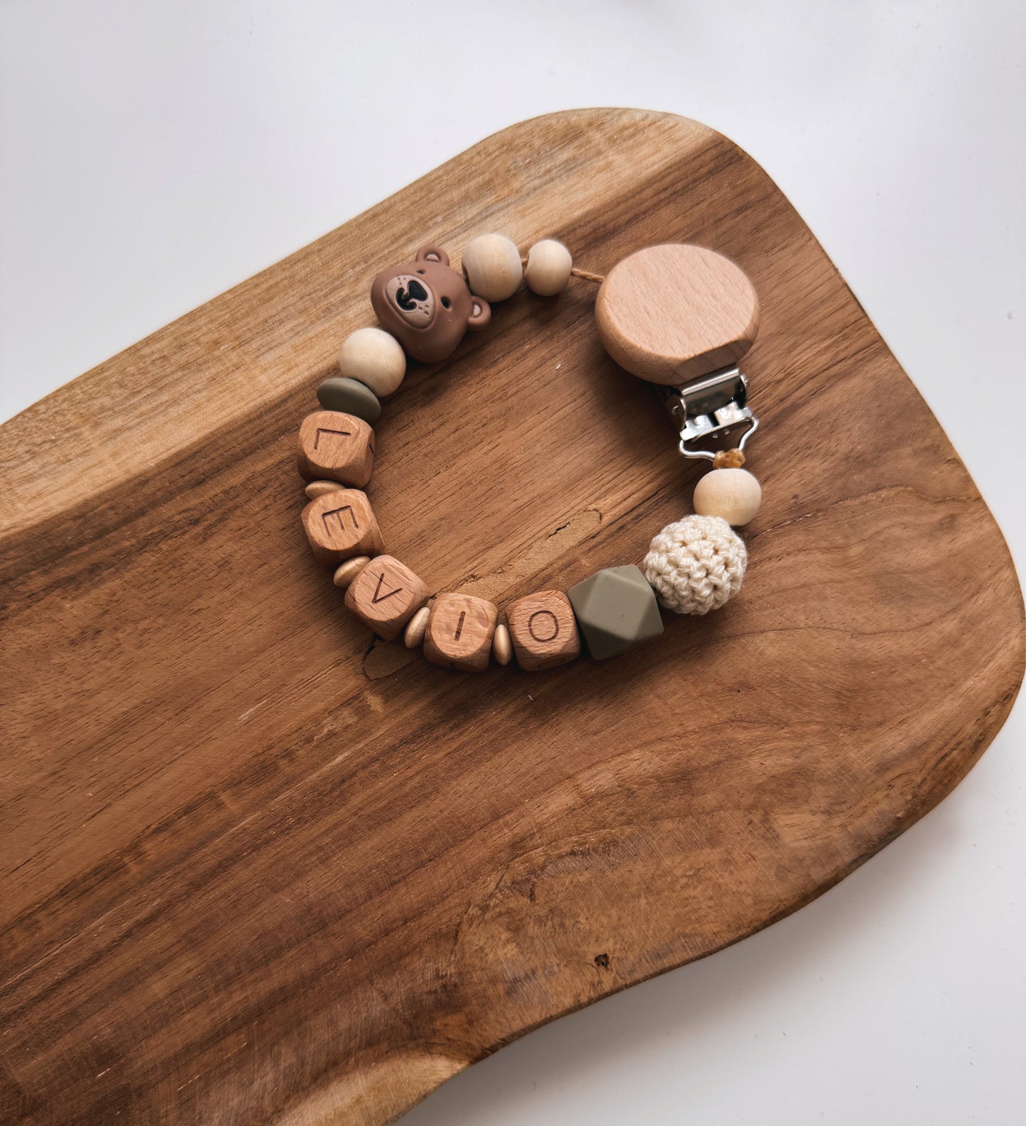 Schnullerkette Bär | mit Namen personalisierbar | Rosa / blau / beige / Taupe