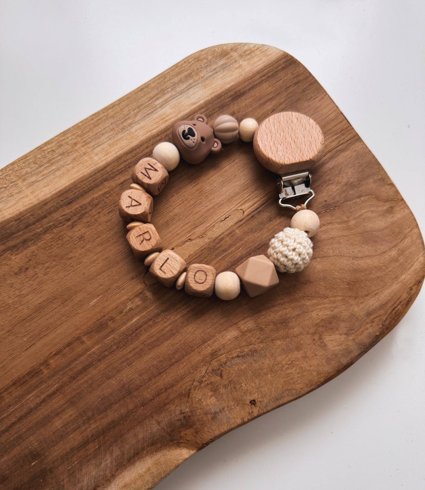 Schnullerkette Bär | mit Namen personalisierbar | Rosa / blau / beige / Taupe