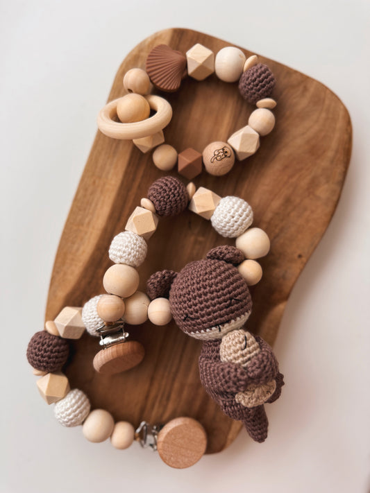 Geschenkset Otter Kinderwagenkette Schnullerkette greifring Geschenk zur Geburt oder Taufe Mädchen Junge Baby greifling Rassel 