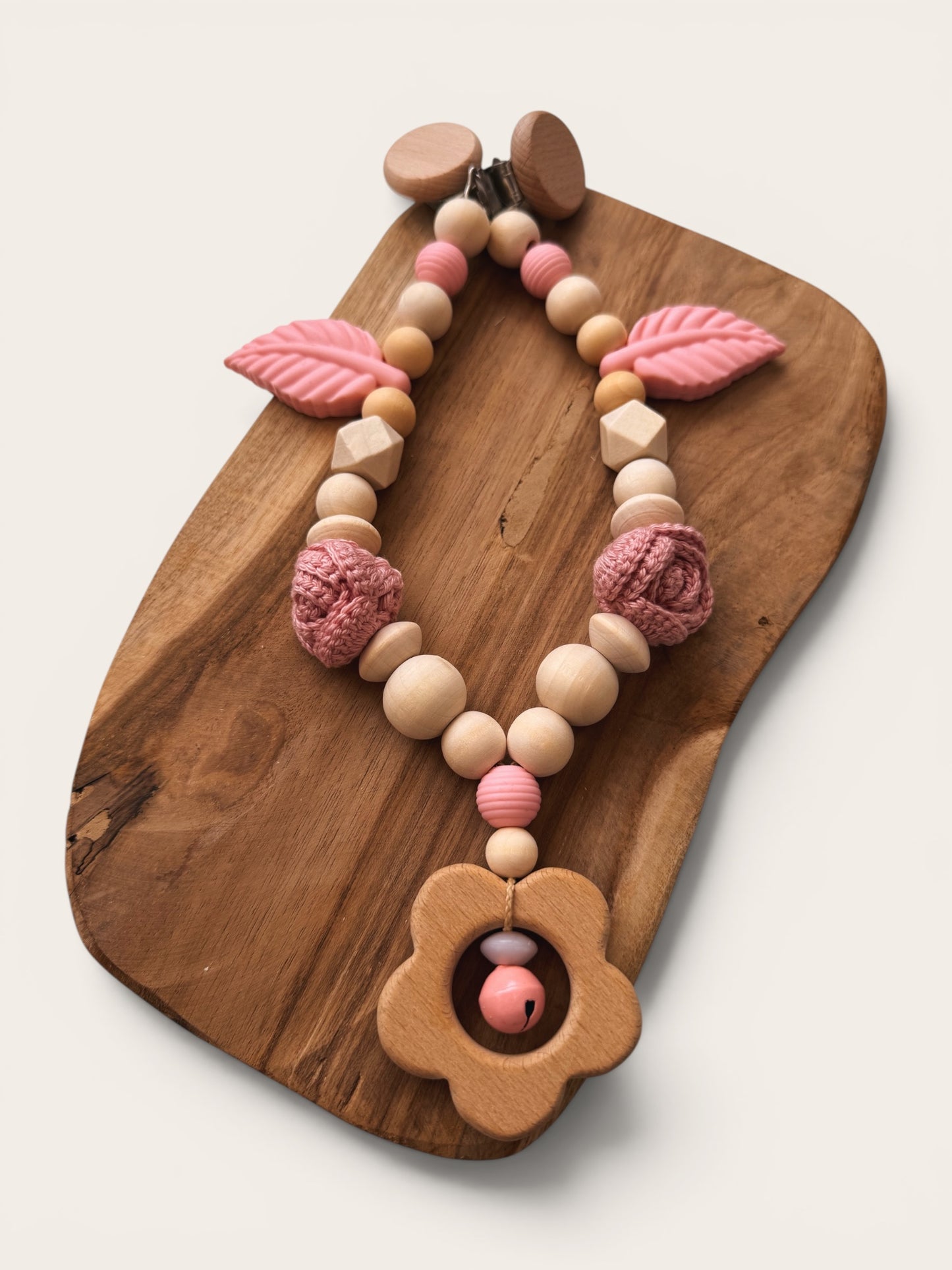Rosenzauber - Kinderwagenkette, Greifring & Schnullerkette mit Namen personalisierbar
