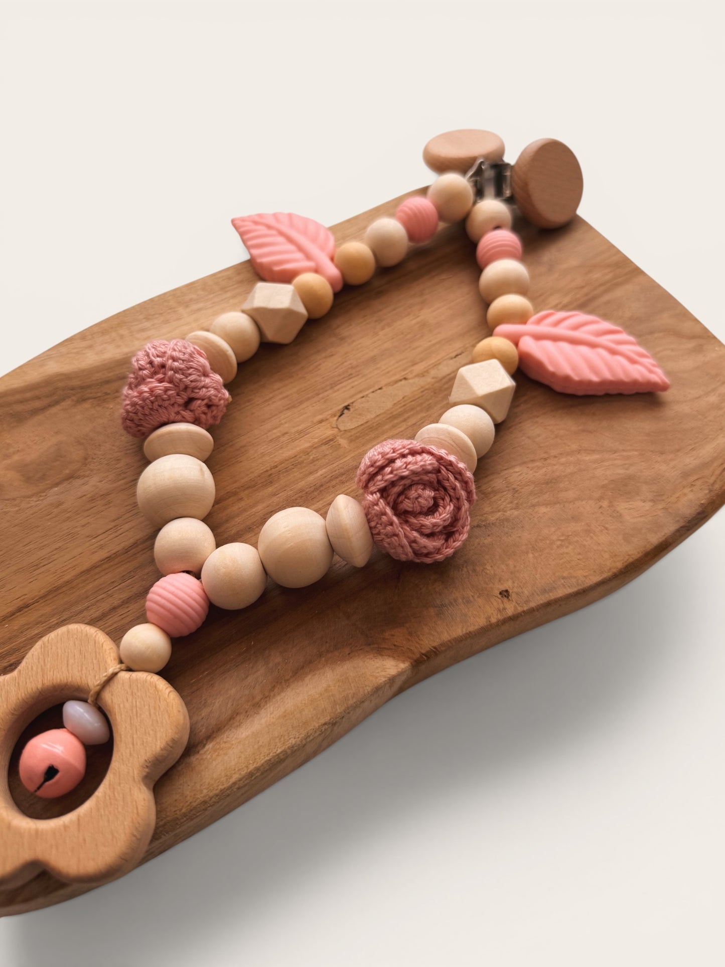 Rosenzauber - Kinderwagenkette, Greifring & Schnullerkette mit Namen personalisierbar