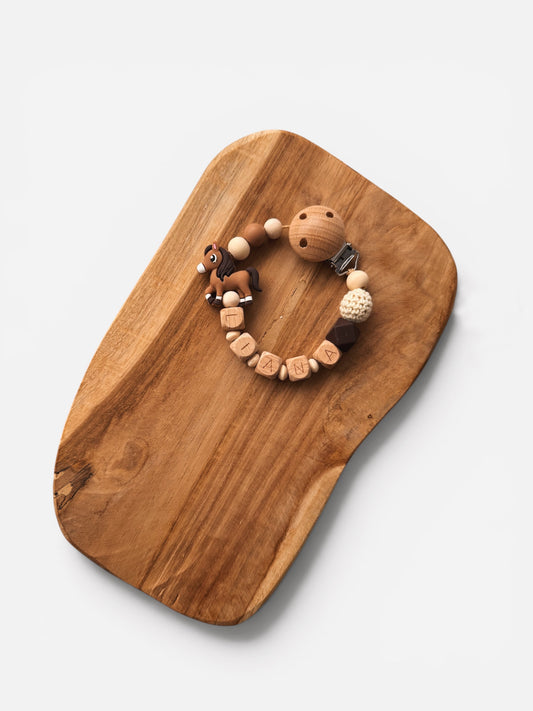 Schnullerkette Pferd mit Namen personalisierbar Geschenk zur Geburt oder Taufe Mädchen Junge Baby aus Holz und Silikonperlen mit Silikonring für mam Schnuller 